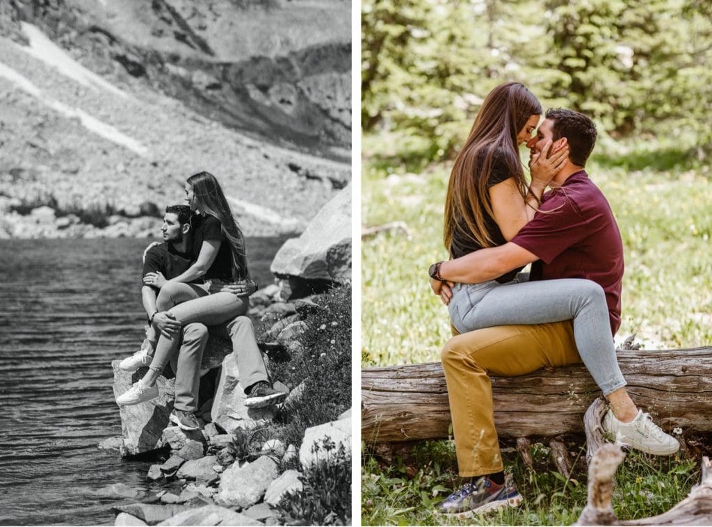 couple kissing in the forest in Wyoming