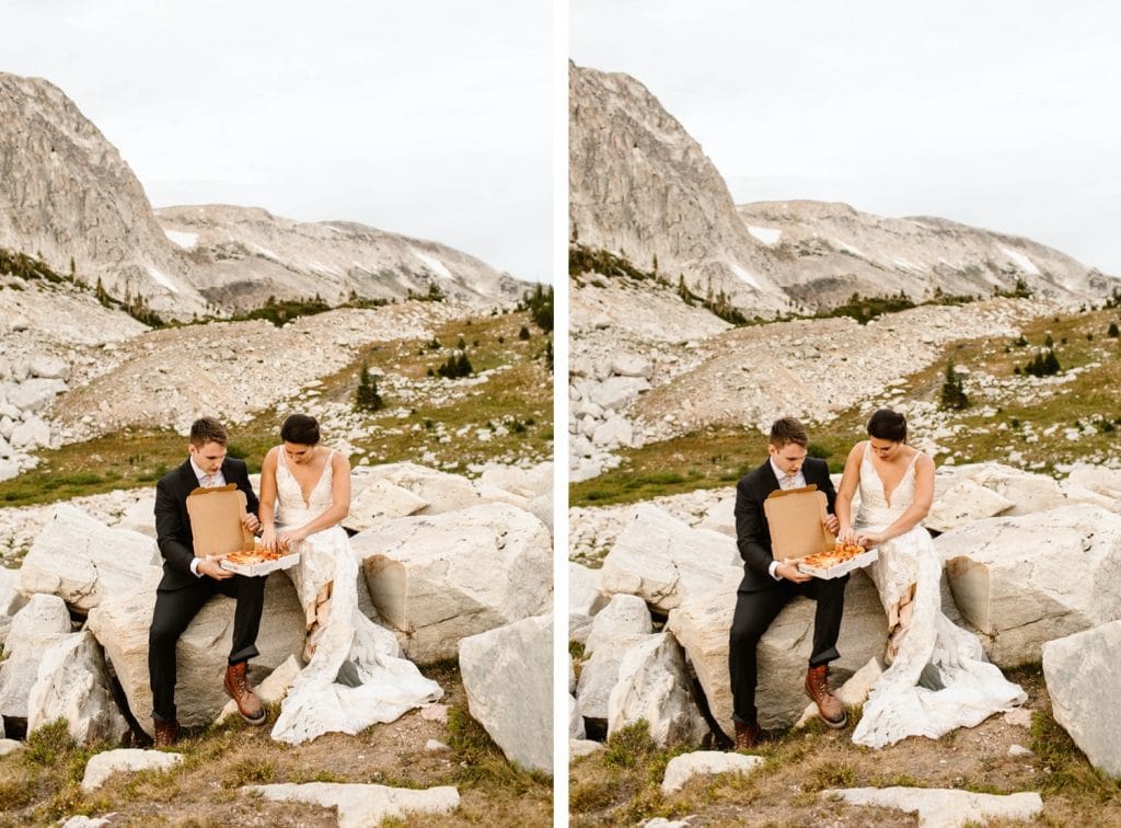 Wyoming wedding couple sharing a pizza picnic in the mountains