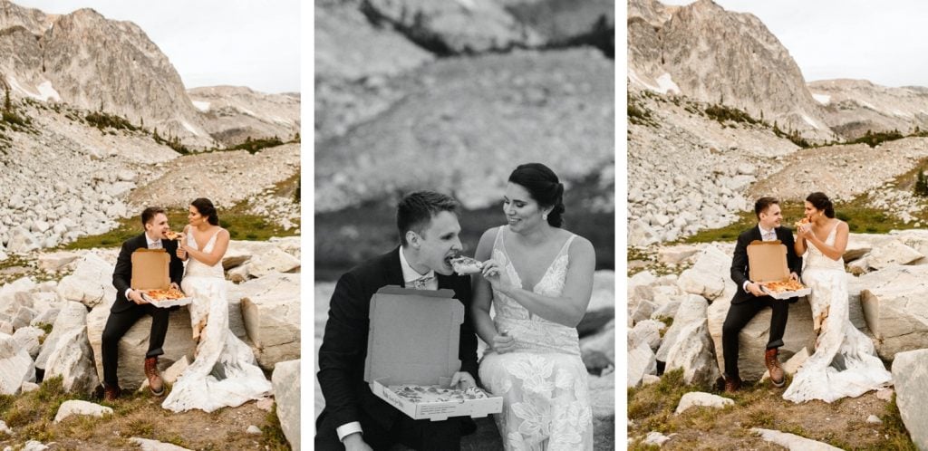 Wyoming wedding couple sharing a pizza picnic in the mountains