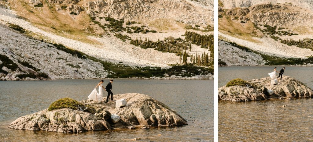 Wyoming wedding couple running on an island in an alpine lake