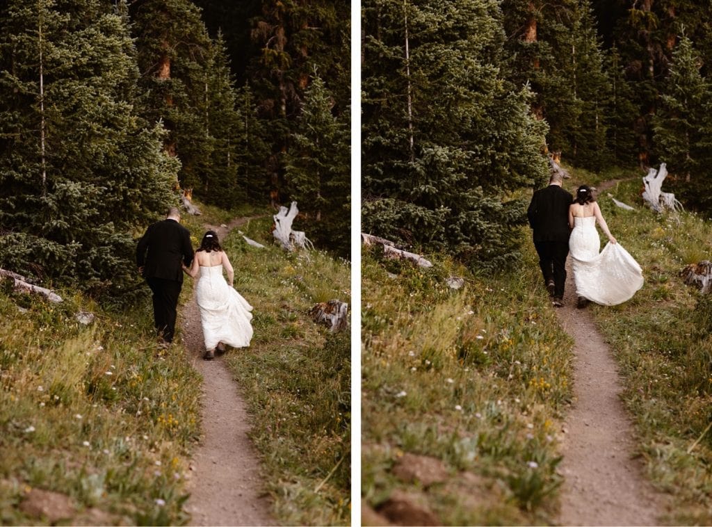 newly married couple running down the trail after they finished their destination elopement vows