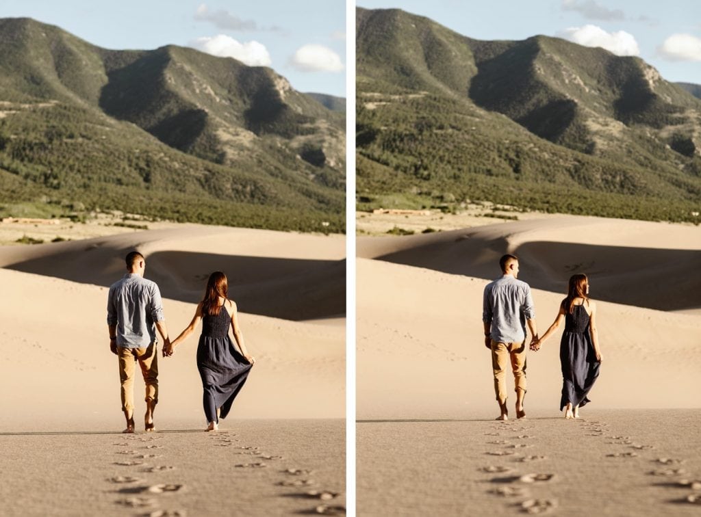 couple walking across the giant dune field during their sand dunes session