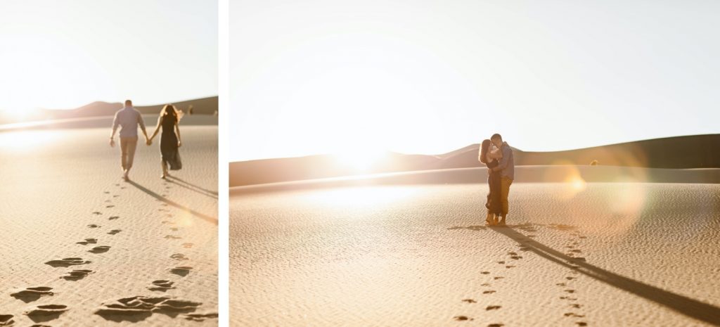 couple kissing at sunset at the sand dunes