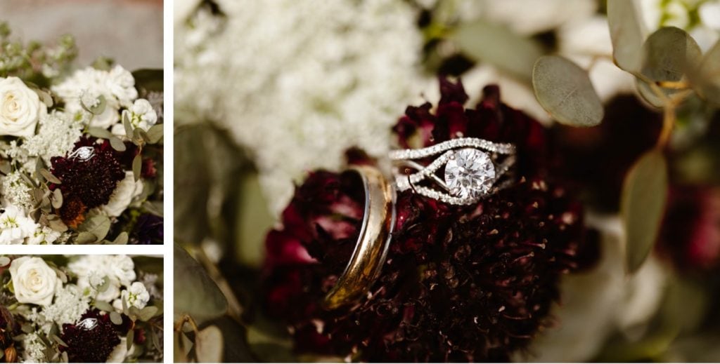 images of wedding ring in bouquet for a sunrise elopement