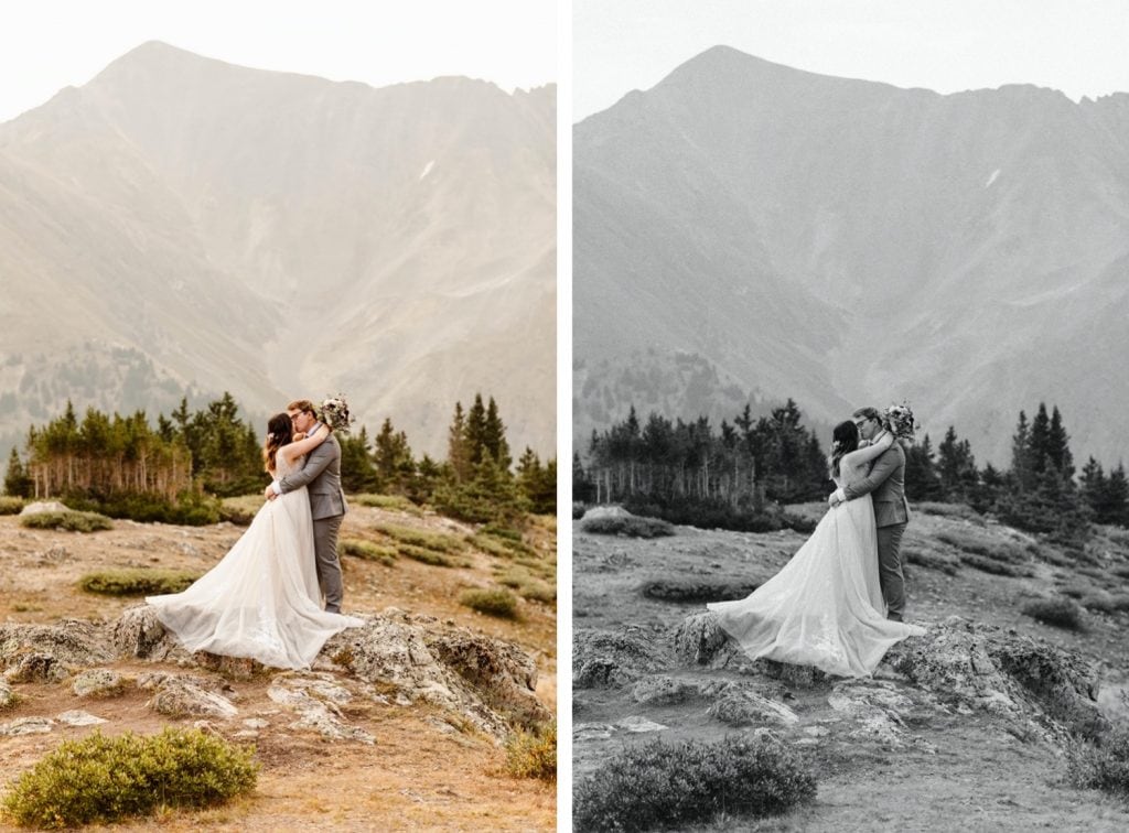 couple adventuring in the mountains after their sunrise elopement ceremony