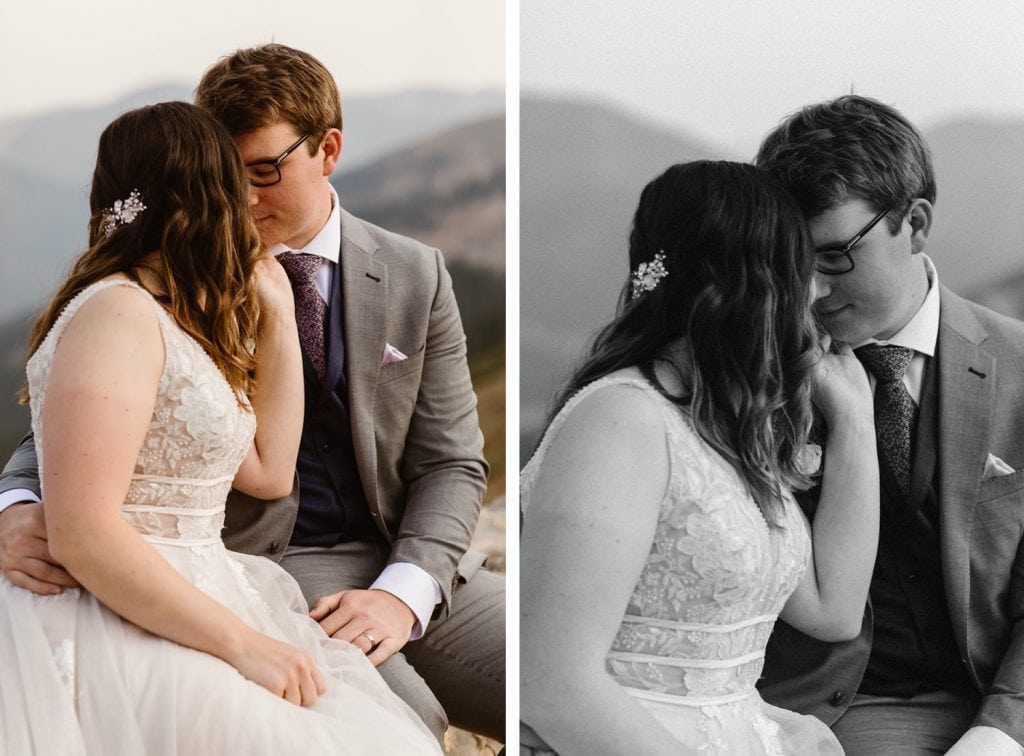 couple snuggling up together in the mountains after their sunrise elopement