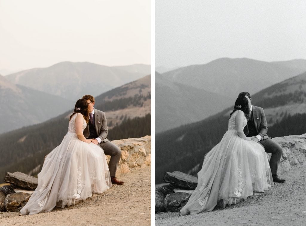 couple snuggling up together in the mountains after their sunrise elopement