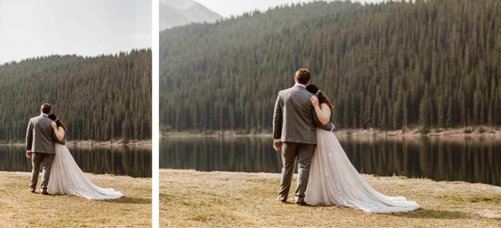 couple standing by a lake near Breckenridge after they eloped at sunrise