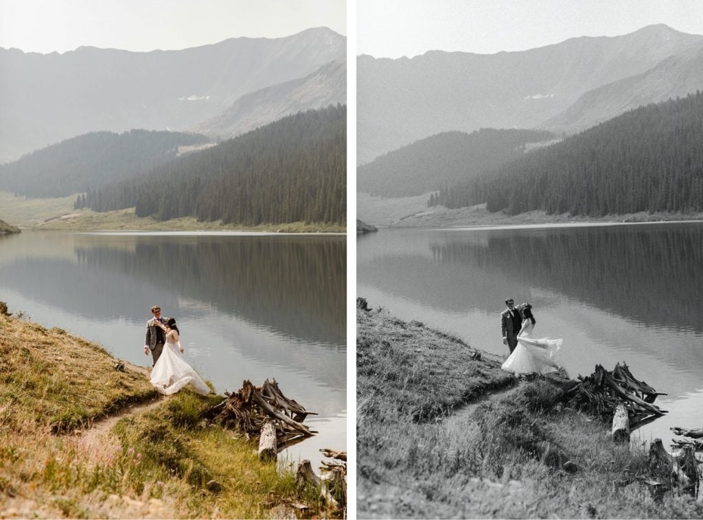 couple dancing lakeside after they eloped at sunrise