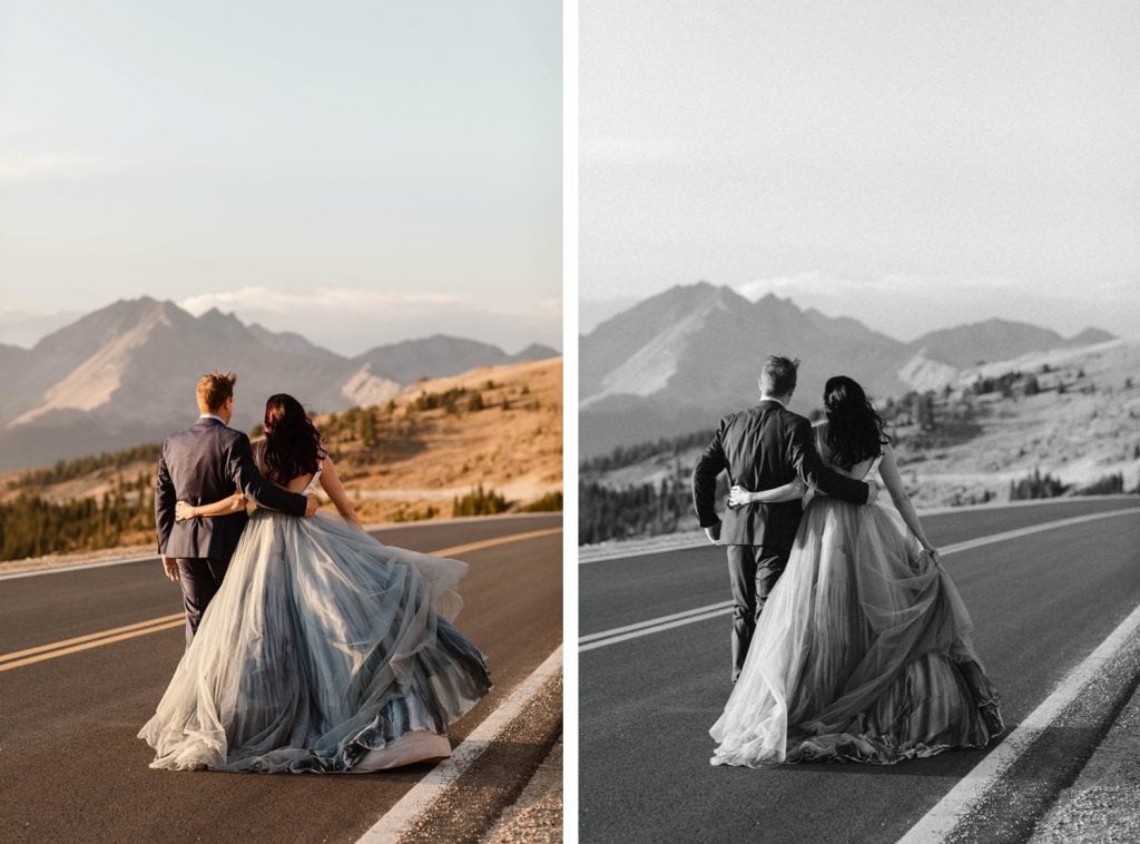 bride and groom walking down a mountain road at sunset near their Buena Vista elopement location
