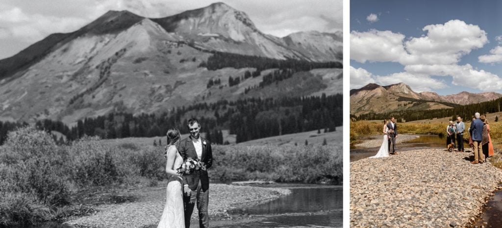 bride and groom standing together by the East River during their Crested Butte elopement ceremony