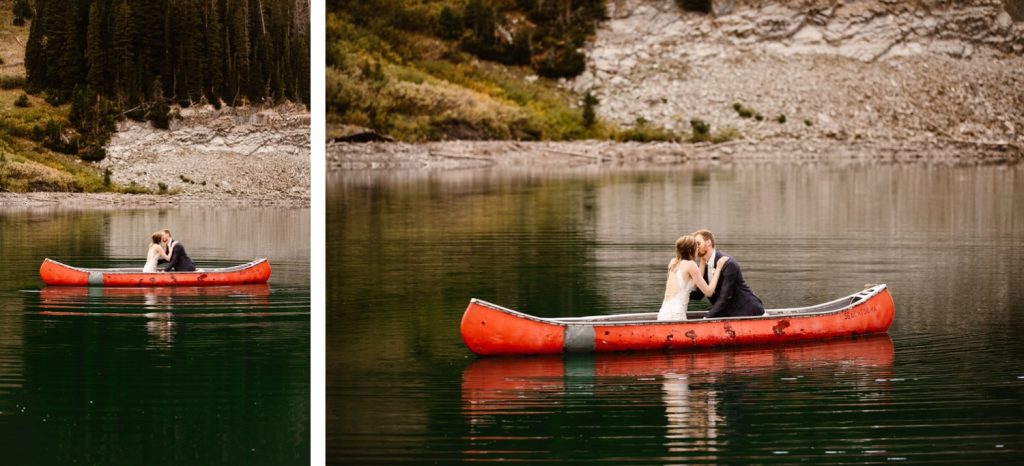 Crested Butte elopement photo of a couple kissing in a canoe on the water