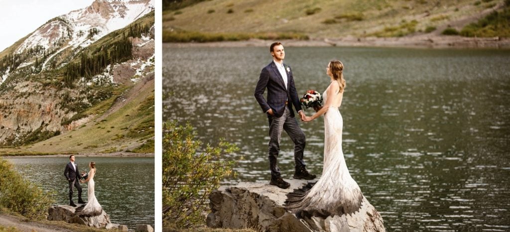 Crested Butte elopement photos of a couple standing lakeside
