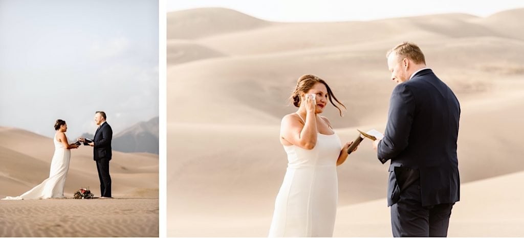 bride wiping tear from her eye during her Great Sand Dunes National Park elopement ceremony