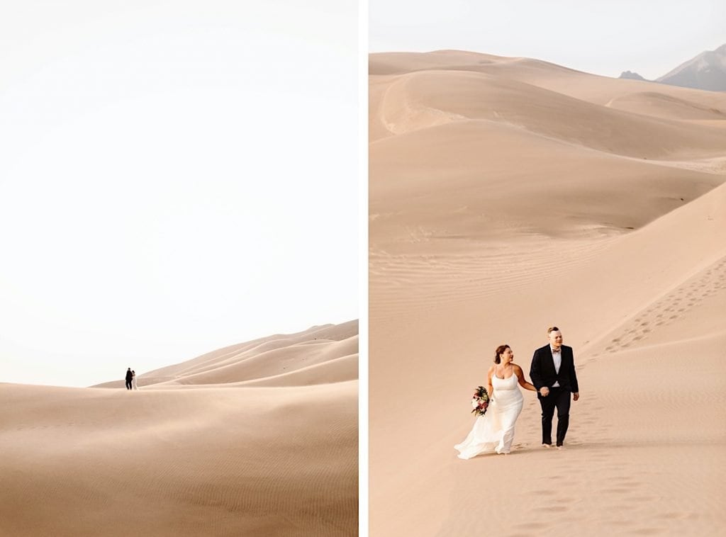bride and groom hiking through sand during their Great Sand Dunes National Park elopement