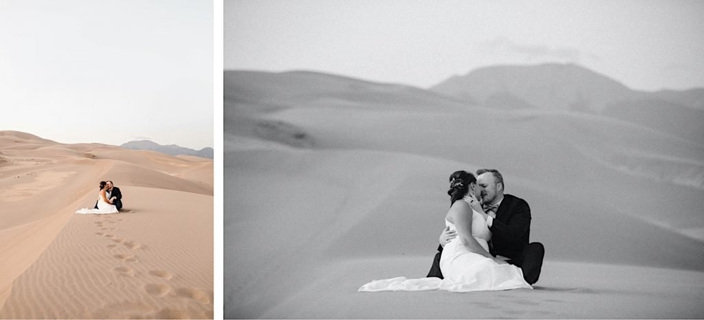 bride and groom sitting down on the sand during their Great Sand Dunes National Park elopement wedding