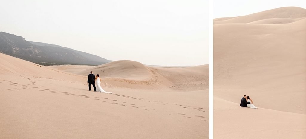 bride and groom sitting down on the sand during their Great Sand Dunes National Park elopement wedding