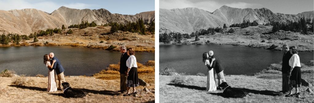couple sharing their first kiss during their Colorado micro wedding
