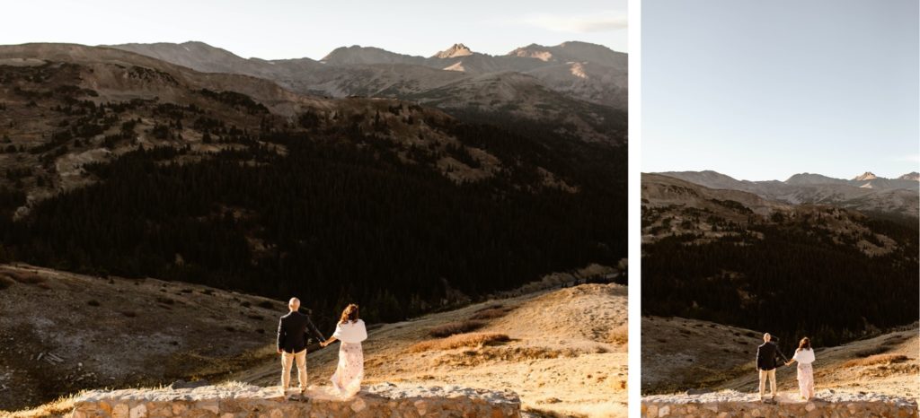 Colorado micro wedding sunset photos with tall mountains in the background