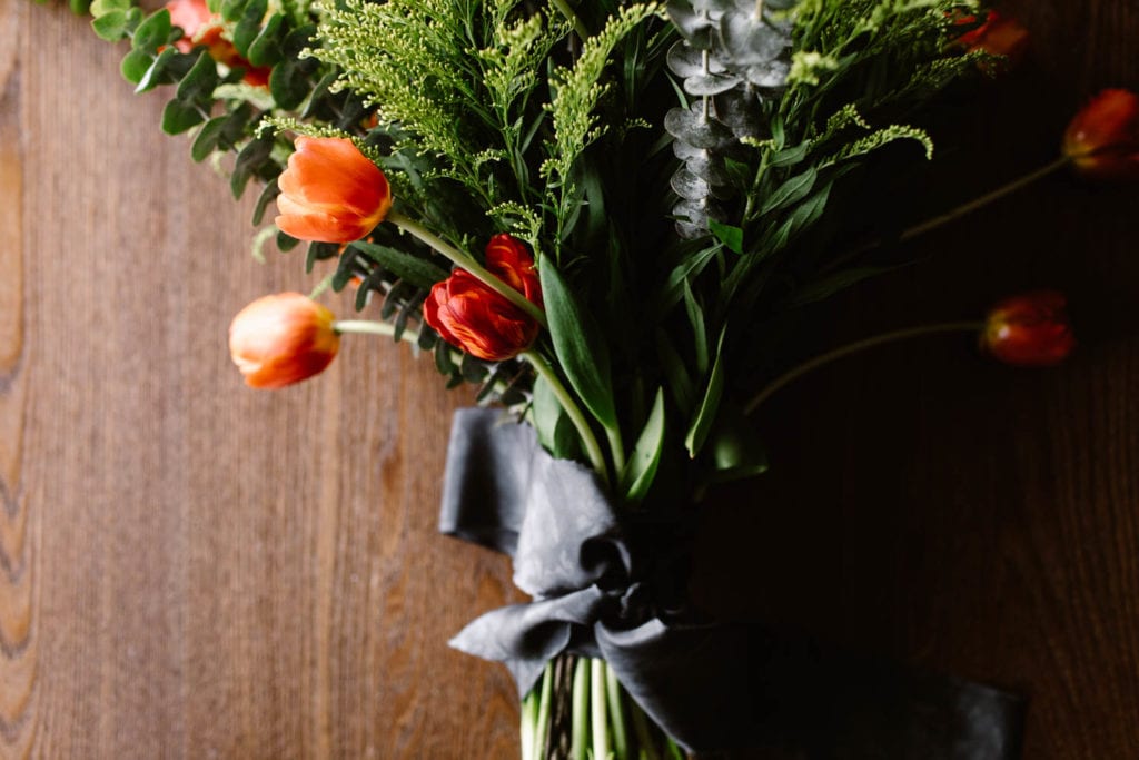 colorful springtime DIY elopement bouquet with a boho look