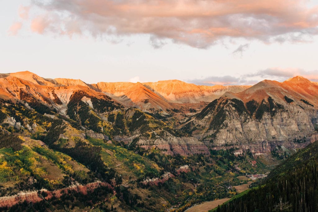 view from the overlook in Telluride, Colorado after taking the gondola up the mountain at sunset