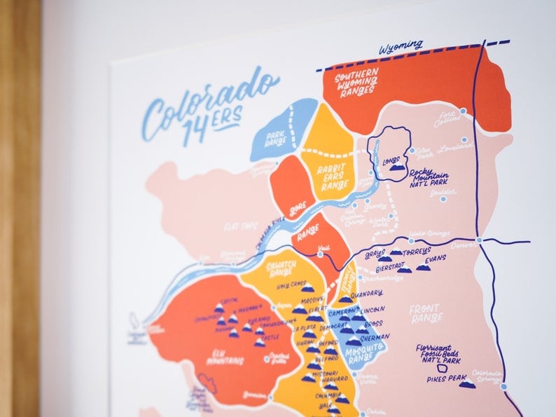 colorful illustrative Colorado 14ers map poster