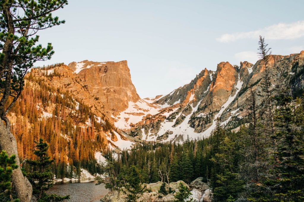 Dream Lake at sunrise as one of the best things to do in Rocky Mountain National Park