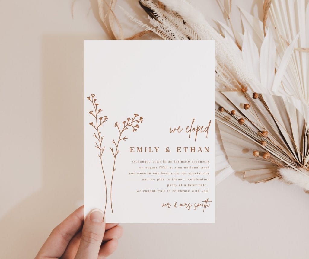 boho elopement announcements with minimalist floral illustrations