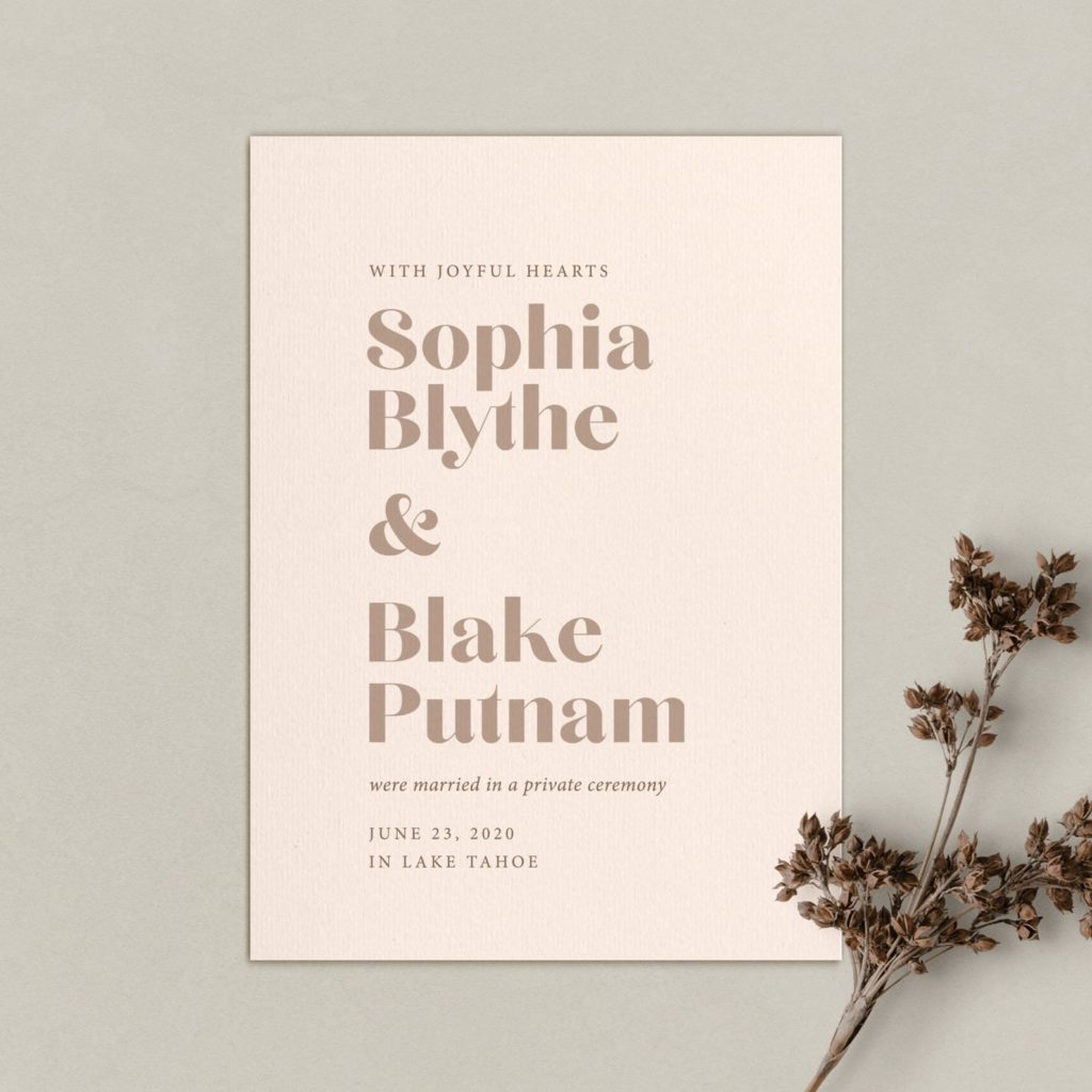printed bold font blush tone modern elopement announcements
