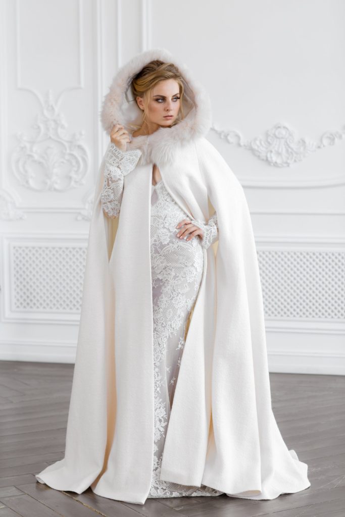 floor length fur lined hooded boucle wool winter wedding shawl cloak