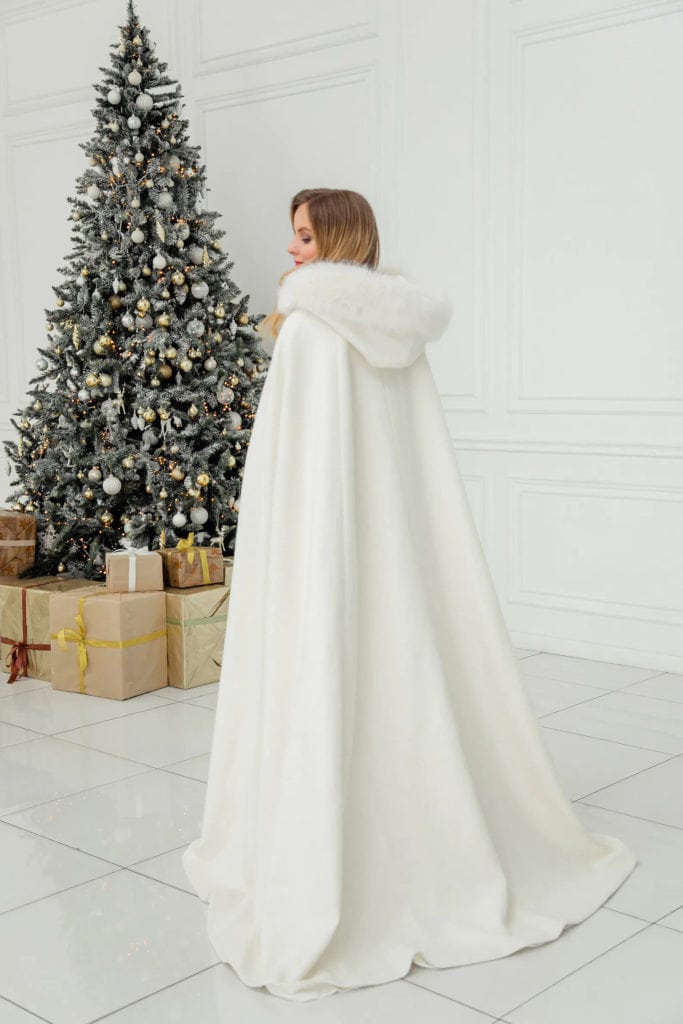 floor length wool boucle and faux fur white winter wedding shawls with fur lined hood