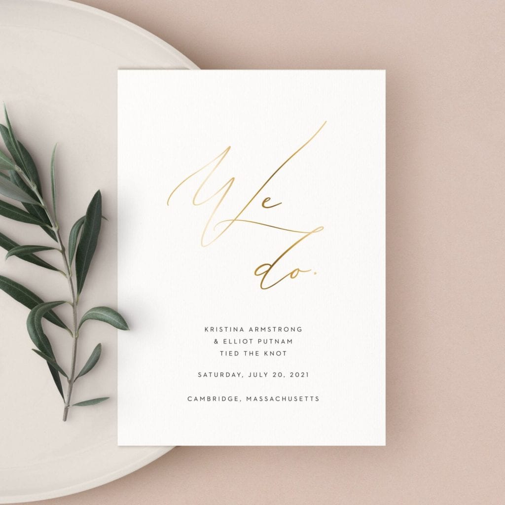 printed gold calligraphy elopement announcements on luxury card stock