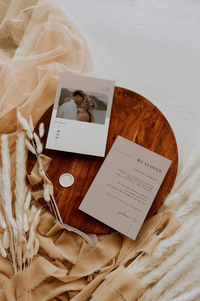 neutral color block elopement announcements digital download in tan and white