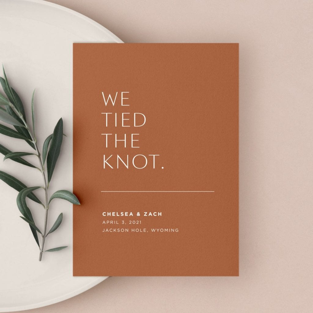 we tied the knot boho modern elopement announcements in a rust orange color