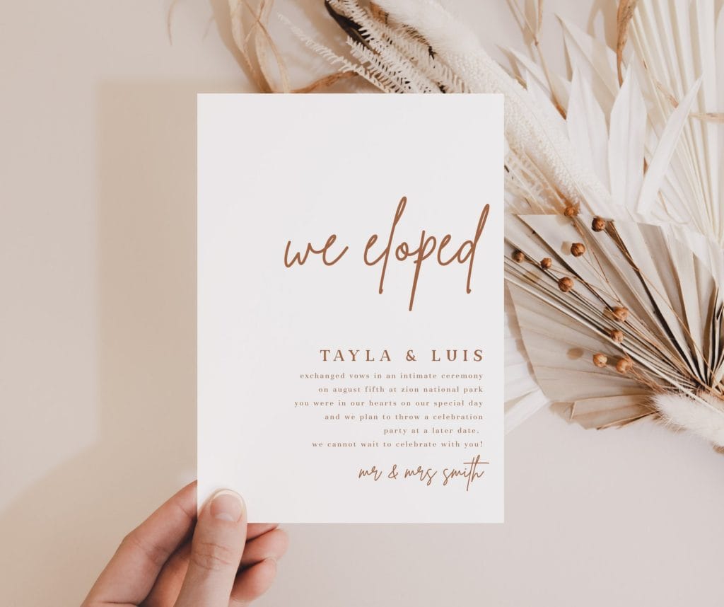 minimalist elopement announcements card with earthy neutral color tones