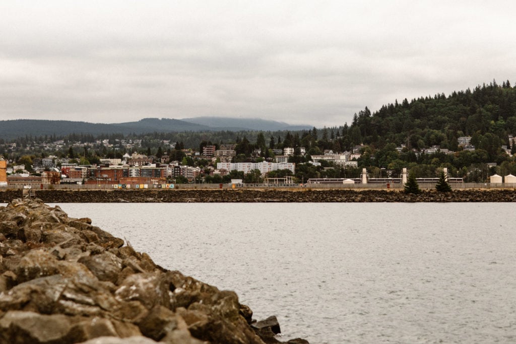 view of Bellingham Bay on a moody overcast day on a Washington State road trip