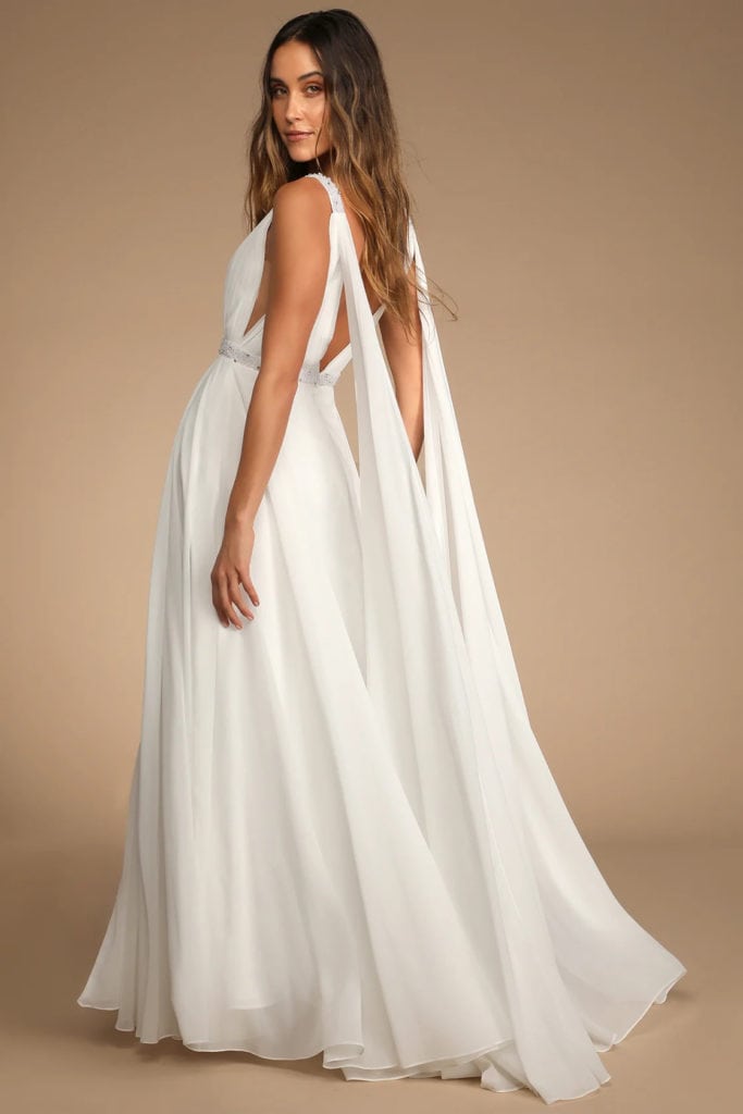 affordable deep v chiffon summer elopement dress with flowing shoulder train