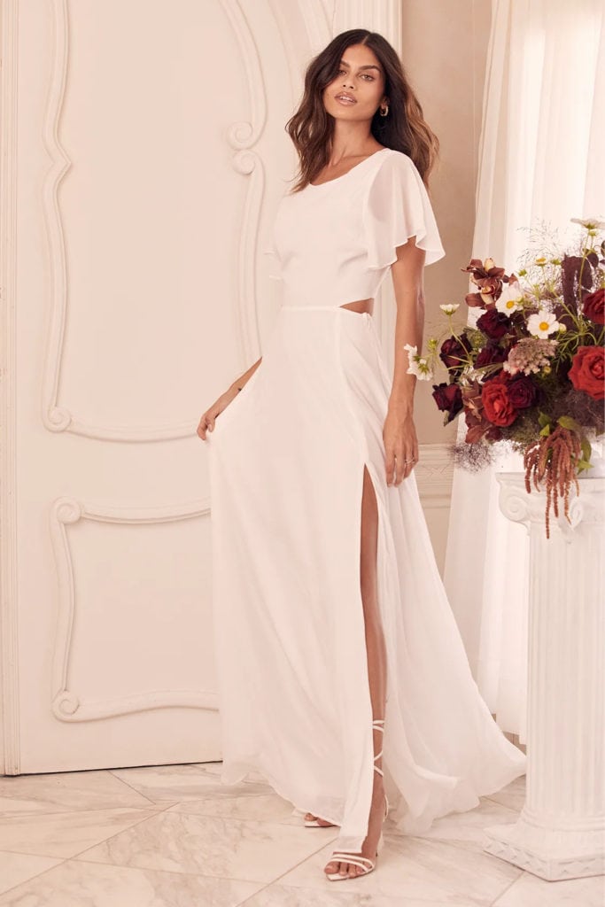 affordable flutter sleeve cutout summer elopement dresses with a high leg slit
