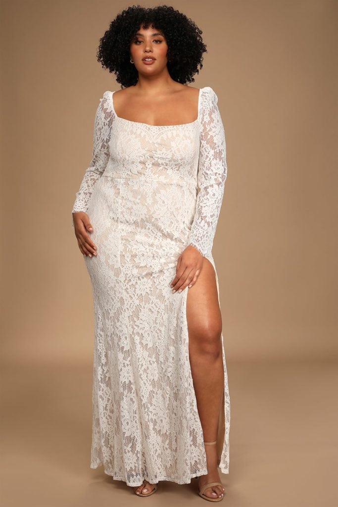 affordable fitted lace long sleeve plus size elopement dresses