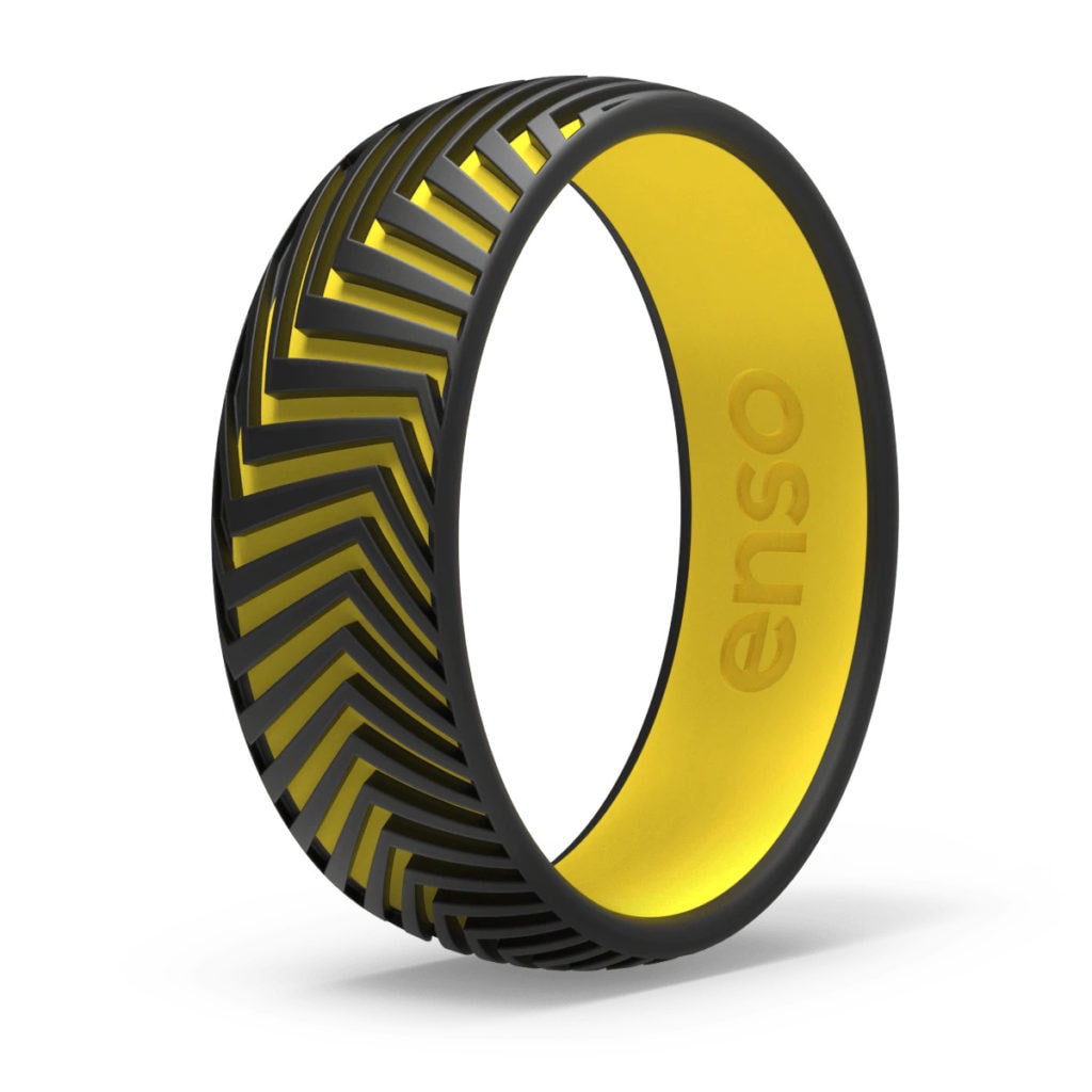 geometric laser engraved yellow and black best silicone wedding bands