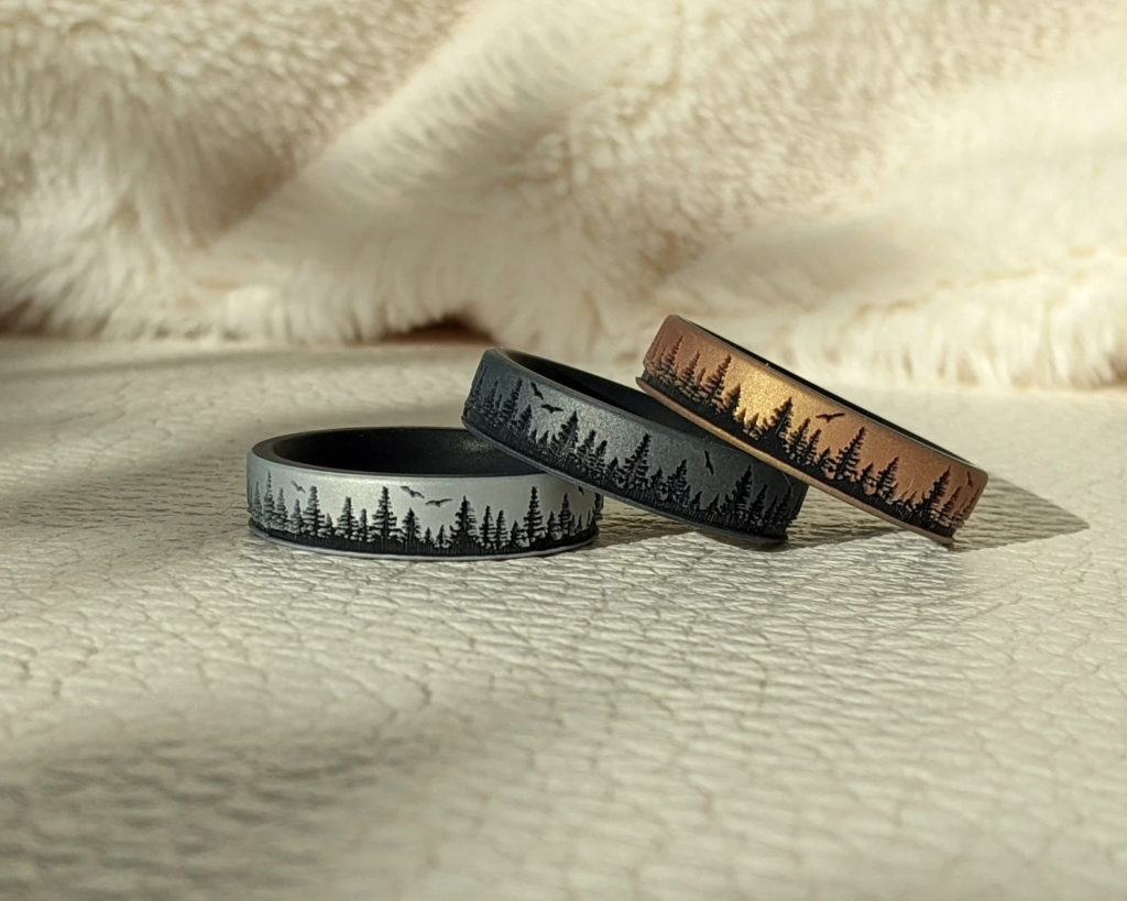best silicone wedding bands for men with tree engraving details