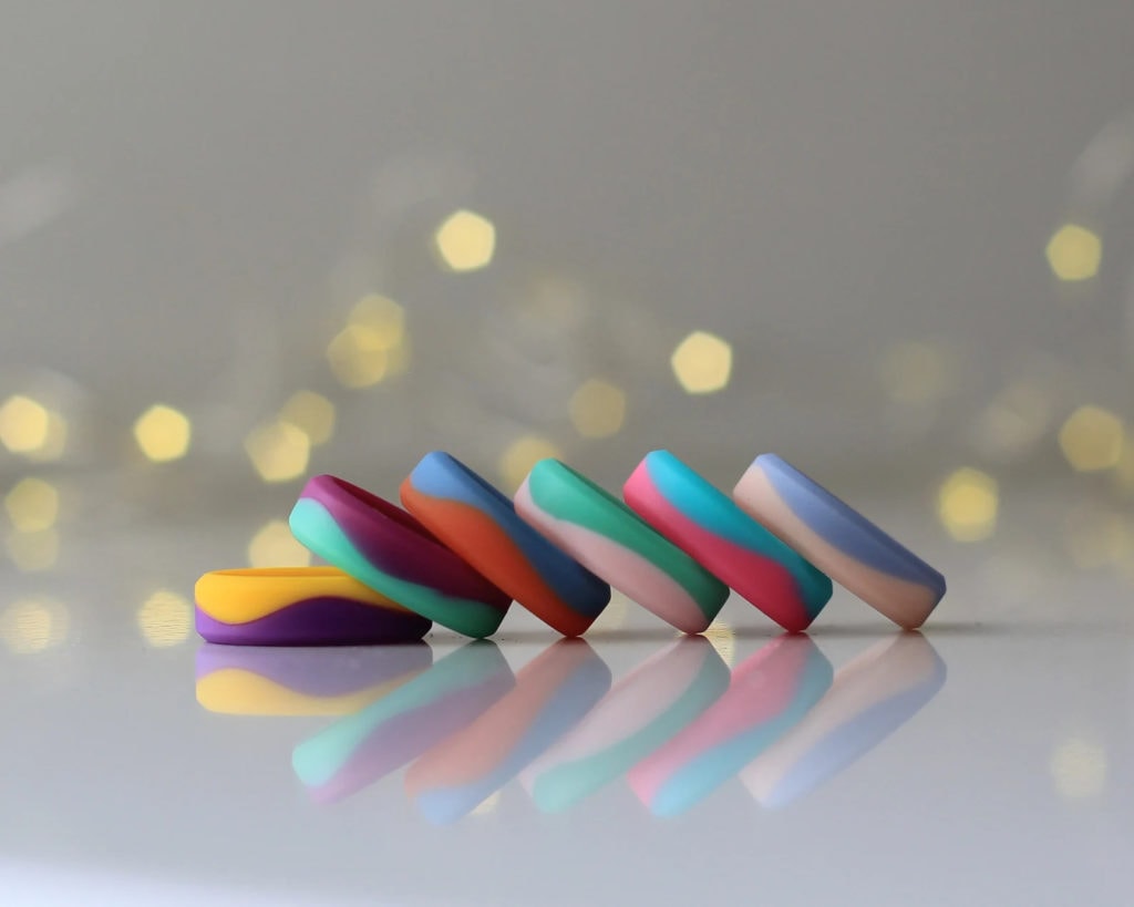 collection of colorful two tone silicone wedding bands for women