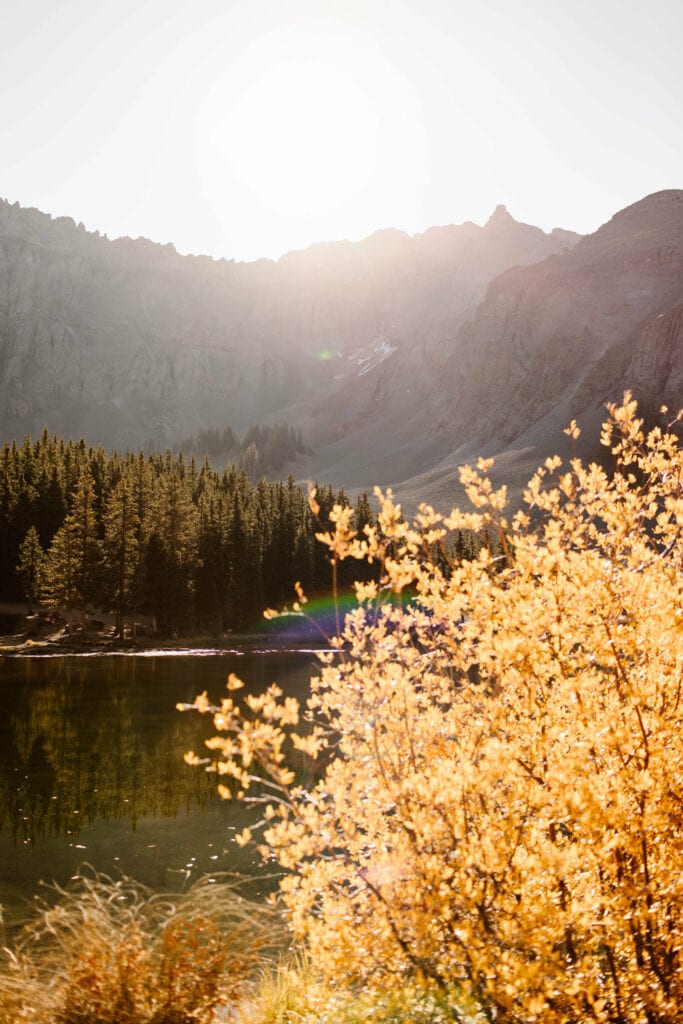 sunrise with changing leaves fall colors at Alta Lakes in Telluride Colorado