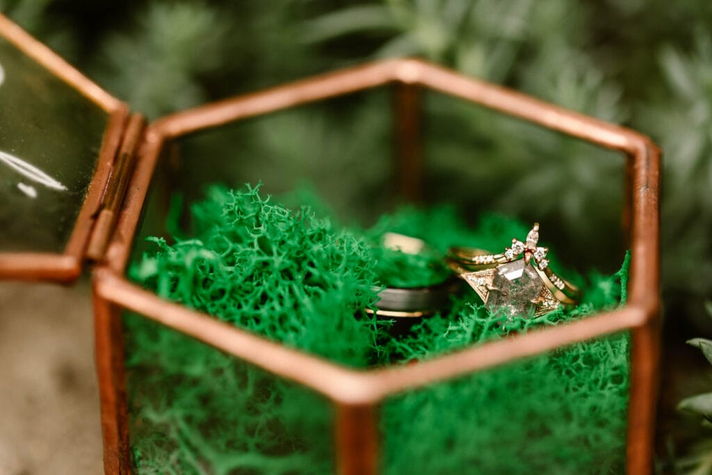 A pink ring box with two wedding rings in it photo – Ring box Image on  Unsplash