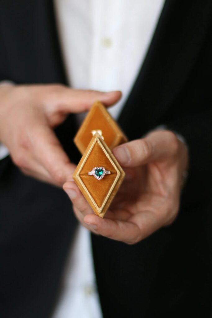 rust orange velvet diamond shaped unique wedding ring box for the engagement and wedding day