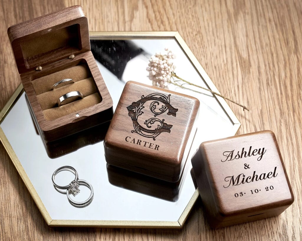 unique wedding ring box with custom personalized engraved wood