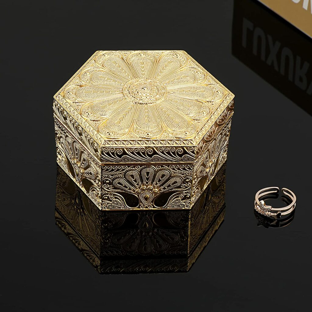 vintage style gold unique engagement and wedding ring box with floral milgrain detailing