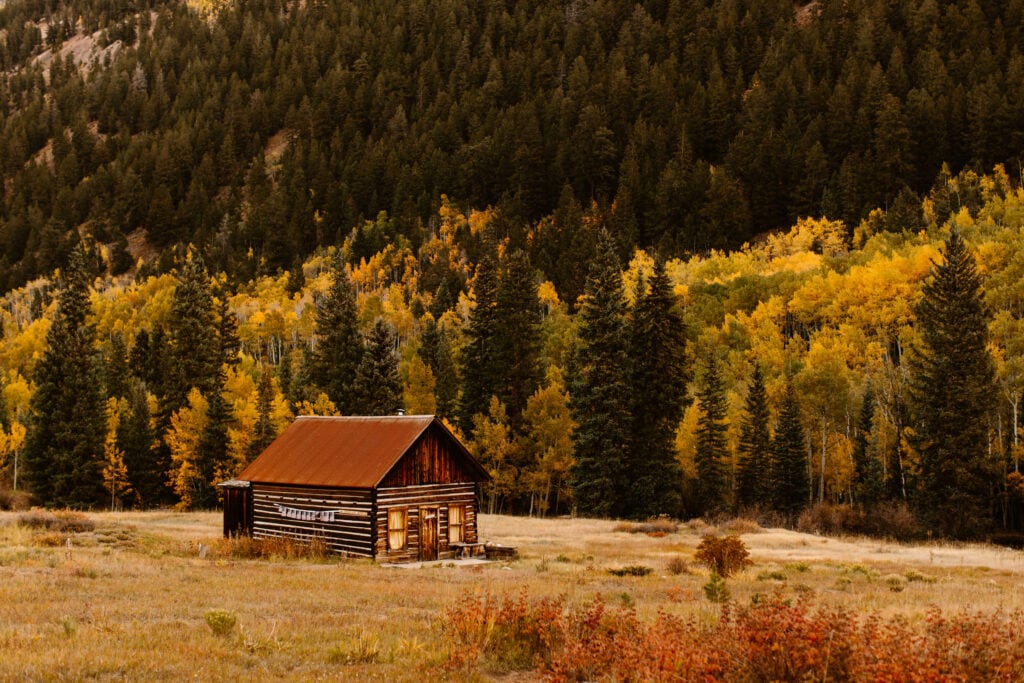 ghost town cabin with aspen trees behind it near Aspen showing what living in Colorado in the late 1800s was like