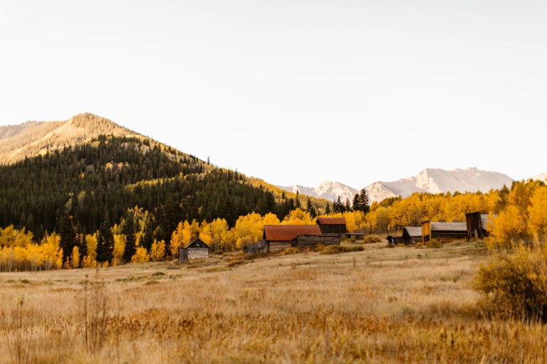 view of Ashcroft Ghost Town at sunrise on a fall day where the leaves are changing color to a golden yellow hue