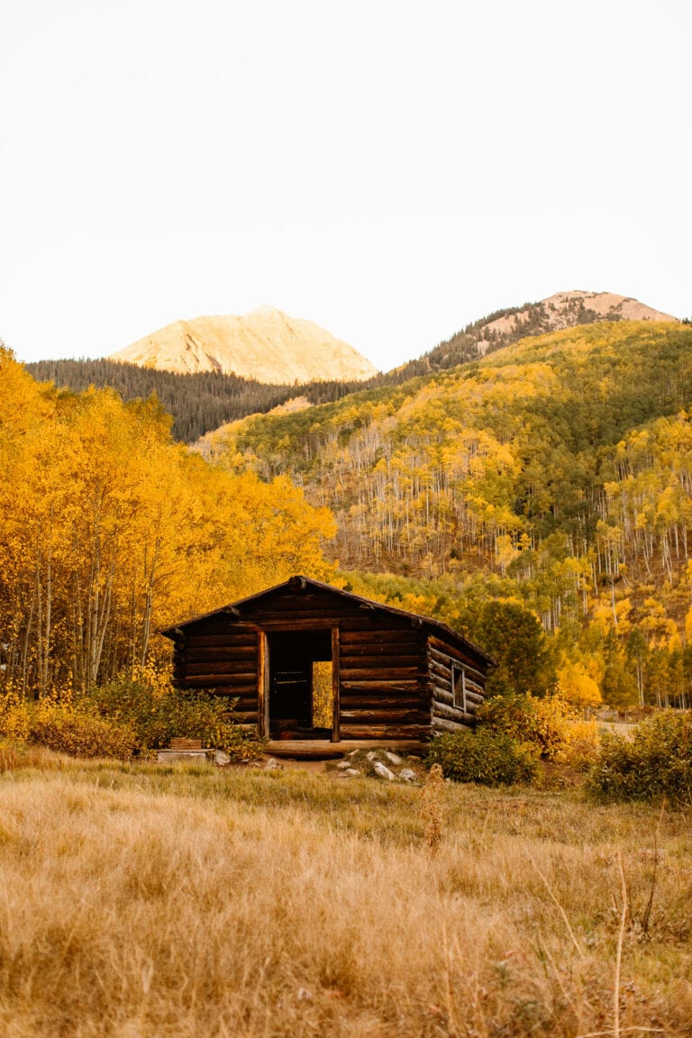log cabin situated near the parking lot at Ashcroft Ghost Town Colorado surrounded by yellow aspen trees and a mountain peak bathing in orange alpenglow